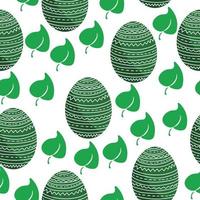 ovos de páscoa padrão sem costura de cor verde escura, ovos de férias estampados e folhas verdes em um fundo branco vetor