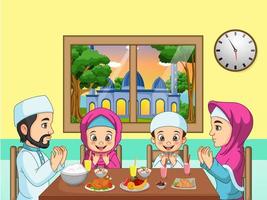 família muçulmana rezando juntos antes do iftar vetor