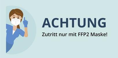 enfermeira em máscara e luvas médicas aviso. idioma alemão, entrada apenas com máscara ffp3 ou ffp2. ilustração plana vetorial vetor