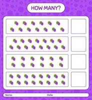 quantos jogo de contagem com planilha de uva para crianças pré-escolares, folha de atividades para crianças, planilha para impressão vetor