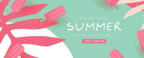 design de venda de verão com banner de fundo de cor de sorvete muito rosa