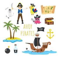 conjunto de elementos piratas ilustração infantil aventura no mar vetor