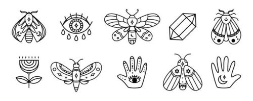 conjunto de bruxa e design mágico com borboleta, mão, olho de deus, cristal. ilustração do símbolo boho e tarô