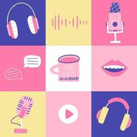 pôster de arte pop de podcast com ilustrações de microfones profissionais, fones de ouvido, boca falando, faixa de áudio e ilustração abstrata de doodle, pôster impresso ou design de banner, composição colorida vetor