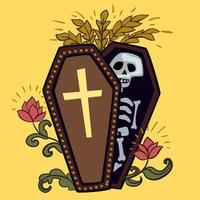 caixão com esqueleto e rosas