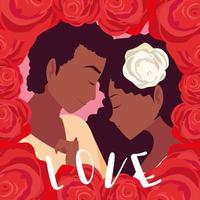 jovem casal apaixonado cartaz com moldura de rosas vetor