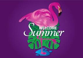 Imagem de boas-vindas do verão com flamingo e folhas vetor