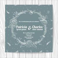 Cartão de convite de casamento doodle estilo com coroa de flores vetor
