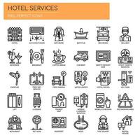 Linha fina de serviços de hotel e ícones perfeitos de Pixel vetor