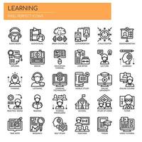 Elementos de aprendizagem, linha fina e ícones perfeitos de Pixel vetor