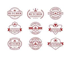 conjunto de ilustração vetorial de açougue retrô vintage bom para emblemas de fazenda ou restaurante com design de logotipo de emblemas de tipografia de silhuetas de animais e carne vetor