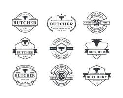 conjunto de ilustração vetorial de açougue retrô vintage bom para emblemas de fazenda ou restaurante com design de logotipo de emblemas de tipografia de silhuetas de animais e carne vetor