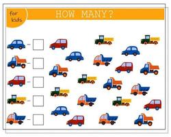 jogo de matemática infantil, conte quantos deles. carros de brinquedos infantis. vetor