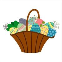 cesta de páscoa festiva com um conjunto de ovos com enfeites e galhos de plantas. cartão de páscoa. vetor