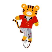 ilustração vetorial de desenho animado para crianças, tigre em uma bicicleta em um circo vetor