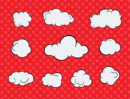 nuvens brancas fofas embalam em diferentes formas e tamanhos em fundo pontilhado vermelho vetor