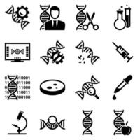 conjunto de ícones simples sobre um tema genética, medicina, pesquisa, vetor, design, coleção, apartamento, sinal, símbolo, elemento, objeto, ilustração. ícones pretos isolados contra um fundo branco vetor