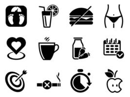 conjunto de ícones simples em uma dieta de tema, vetor, design, coleção, plana, sinal, símbolo, elemento, objeto, ilustração. ícones pretos isolados contra um fundo branco vetor