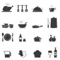 conjunto de ícones do vetor preto, isolados contra um fundo branco. ilustração plana em uma cozinha temática e culinária