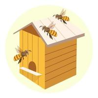 ilustração, mel e apicultura, colmeia de madeira e abelhas. cores marrom-ouro. ícone, impressão, vetor
