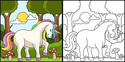 desenho de unicórnio em uma floresta para colorir vetor