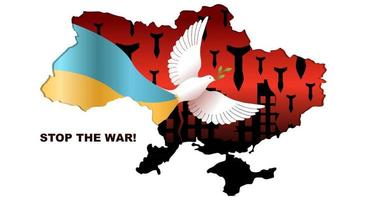 pare a Guerra. banner com uma pomba da paz com a bandeira ucraniana no contexto de ruínas e foguetes vetor