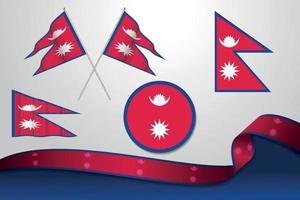 conjunto de bandeiras do nepal em diferentes designs ícone esfolando bandeiras com fita com fundo. vetor