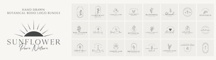 pacote botânico elemento floral mão desenhada logotipo com flores silvestres e folhas. logotipo para spa e salão de beleza, boutique, loja orgânica, casamento, designer floral, interior, fotografia, cosmético. vetor