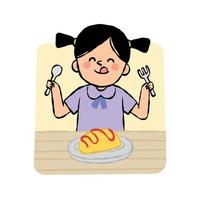menina muito feliz comendo uma omelete no café da manhã