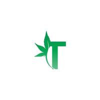 ícone do logotipo da letra t com vetor de design de folha de cannabis