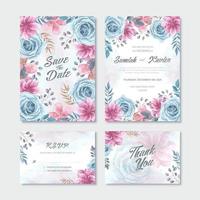 Conjunto de modelo de cartão de convite de casamento de flor rosa azul aquarela