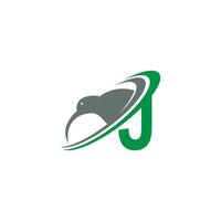 letra j com vetor de design de ícone de logotipo de pássaro kiwi