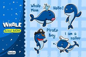 Conjunto de desenhos animados de baleia. Desenho vetorial de ação animal vetor