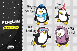 Conjunto de desenhos animados de pinguim. Desenho vetorial de ação animal vetor