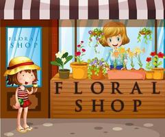 Loja floral com vendedor e cliente vetor