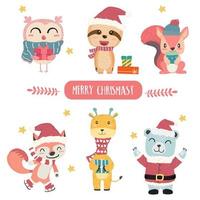 Bonito animal pastel feliz na coleção de tema feliz Natal plana vetor