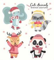 Bonitos felizes pastel animais selvagens no inverno traje tema coleção plana vector