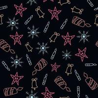 padrão perfeito de natal de flocos de neve, estrelas, vela, desenhos de contorno em um fundo preto, embalagem festiva elegante vetor