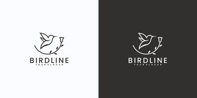 logotipo de pássaro de arte de linha minimalista com combinação de folhas vetor
