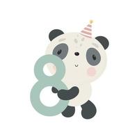 festa de aniversário, cartão de felicitações, convite para festa. ilustração de crianças com panda fofo ee o número oito. ilustração vetorial em estilo cartoon. vetor