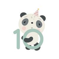 festa de aniversário, cartão, convite para festa. ilustração de crianças com panda fofo ee o número dez. ilustração vetorial em estilo cartoon. vetor