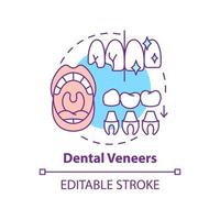 ícone do conceito de folheados dentários. odontologia estética tipo idéia abstrata ilustração de linha fina. melhorando a aparência dos dentes. desenho de contorno isolado. traço editável. arial, uma miríade de fontes pró-negrito usadas vetor