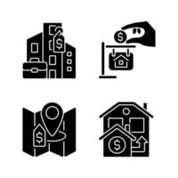 tipos de compra de imóveis ícones de glifo preto definidos no espaço em branco. propriedade comercial e privada. preço imobiliário. símbolos de silhueta. pacote de pictograma sólido. ilustração vetorial isolada