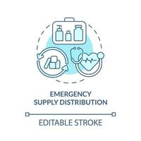 ícone de conceito turquesa de distribuição de suprimentos de emergência. ilustração de linha fina idéia abstrata de doação médica. desenho de contorno isolado. traço editável. roboto-medium, inúmeras fontes pró-negrito usadas vetor