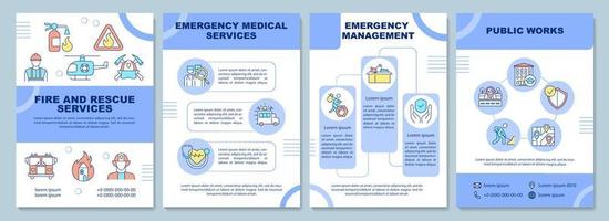 modelo de folheto de serviços de emergência. resgate do desastre. design de impressão de livreto com ícones lineares. layouts vetoriais para apresentação, relatórios anuais, anúncios. arial-black, inúmeras fontes pró-regulares usadas vetor