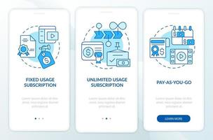 tipos de tela de aplicativo móvel de integração azul de assinatura. pague pelo conteúdo passo a passo 3 etapas páginas de instruções gráficas com conceitos lineares. ui, ux, modelo de gui. uma miríade de fontes regulares pró-negrito usadas vetor