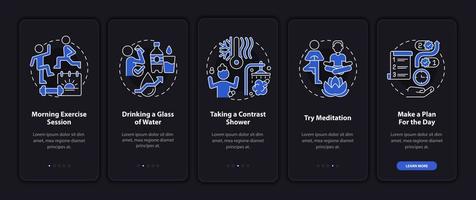 tela do aplicativo móvel de integração do modo noturno de rotina diária. autocuidado passo a passo 5 passos páginas de instruções gráficas com conceitos lineares. ui, ux, modelo de gui. uma miríade de fontes regulares pró-negrito usadas vetor