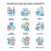 Conjunto de ícones de conceito de anorexia e bulimia. problemas de ganho de peso. distúrbios alimentares ideia ilustrações de cores de linha fina. desenhos de contorno isolados. traço editável. roboto-medium, inúmeras fontes pró-negrito usadas vetor