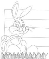 personagem de desenho animado de coelho de coelhinho da páscoa em contorno preto e branco. coelho de páscoa para colorir, coelhinho fofo colorindo belos presentes de feriado com tintas brilhantes e coloridas e uma arte vetor