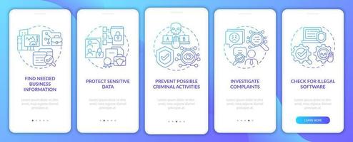 política legal de vigilância que integra a tela da página do aplicativo móvel. controle de trabalho passo a passo 5 passos instruções gráficas com conceitos. modelo de vetor ui, ux, gui com ilustrações coloridas lineares